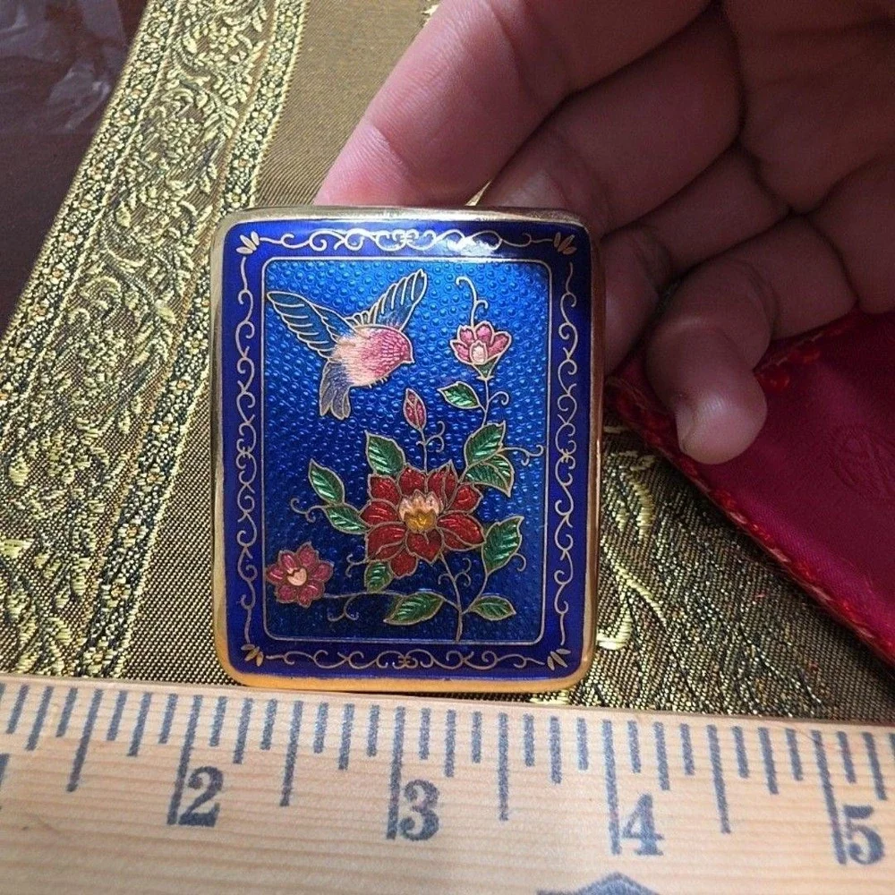 Cloisonne Enamel Blue Hummingbird Floral Pocket Mirror Small Pink Silk Pouch
